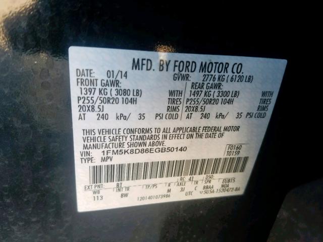 1FM5K8D86EGB50140 - 2014 FORD EXPLORER X BLACK photo 10