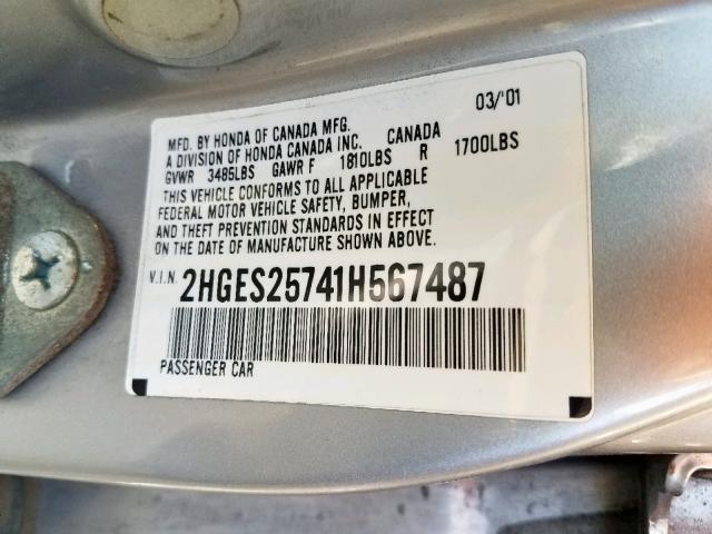 2HGES25741H567487 - 2001 HONDA CIVIC EX SILVER photo 10