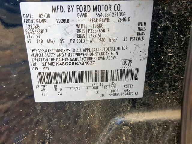 2FMDK48CX8BA84027 - 2008 FORD EDGE SEL BLACK photo 10