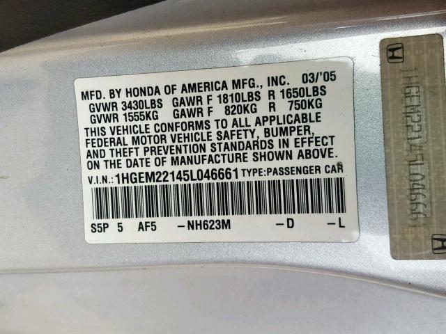 1HGEM22145L046661 - 2005 HONDA CIVIC DX V SILVER photo 10