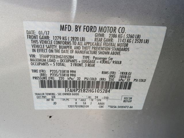 1FAHP2E82HG105284 - 2017 FORD TAURUS SEL SILVER photo 10