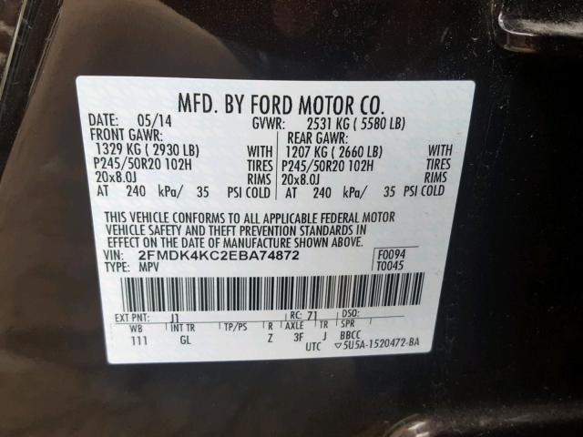 2FMDK4KC2EBA74872 - 2014 FORD EDGE LIMIT BROWN photo 10