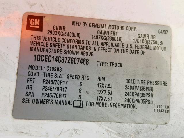 1GCEC14C87Z607468 - 2007 CHEVROLET SILVERADO WHITE photo 10