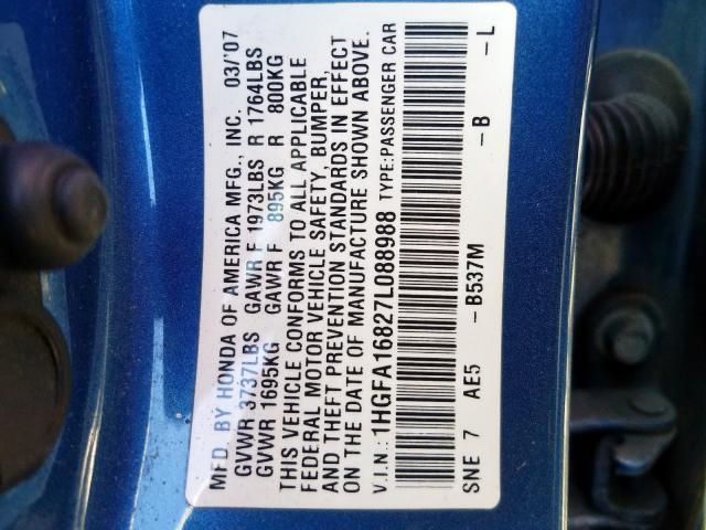 1HGFA16827L088988 - 2007 HONDA CIVIC EX BLUE photo 10