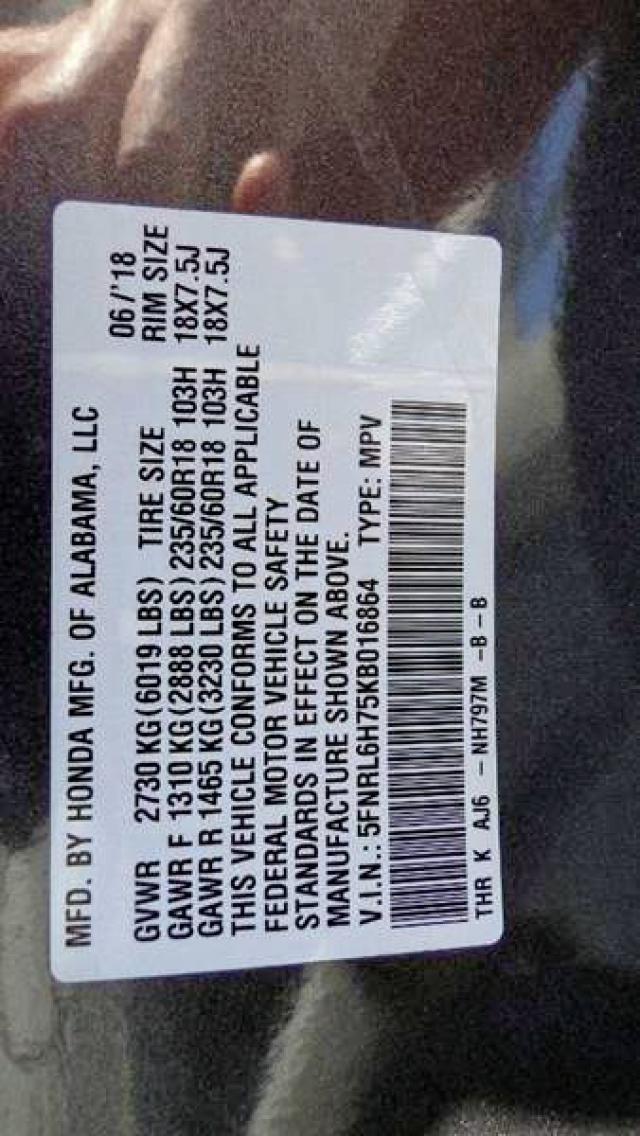 5FNRL6H75KB016864 - 2019 HONDA ODYSSEY EX GRAY photo 10