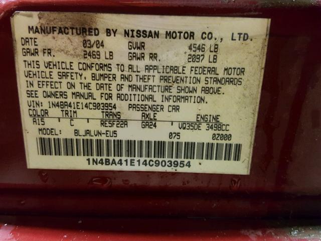 1N4BA41E14C903954 - 2004 NISSAN MAXIMA SE RED photo 10