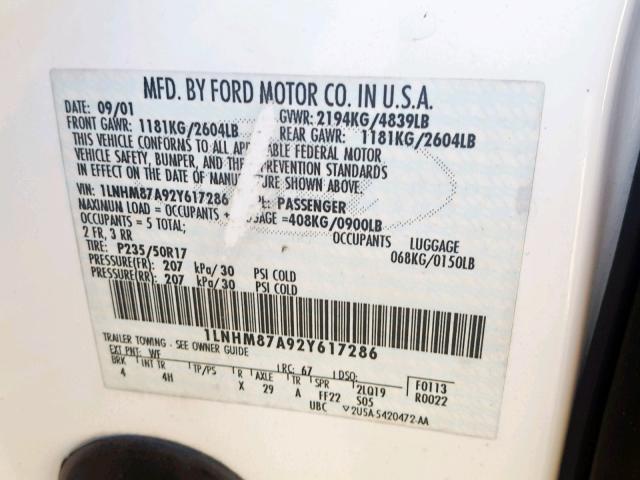 1LNHM87A92Y617286 - 2002 LINCOLN LS თეთრი ფოტო 10