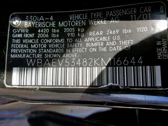 WBAEV53482KM16644 - 2002 BMW 330 I BLACK photo 10