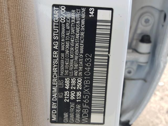 WDBJF65JXYB104632 - 2000 MERCEDES-BENZ E 320 WHITE photo 10