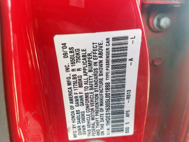 1HGES16305L001888 - 2005 HONDA CIVIC DX V RED photo 10