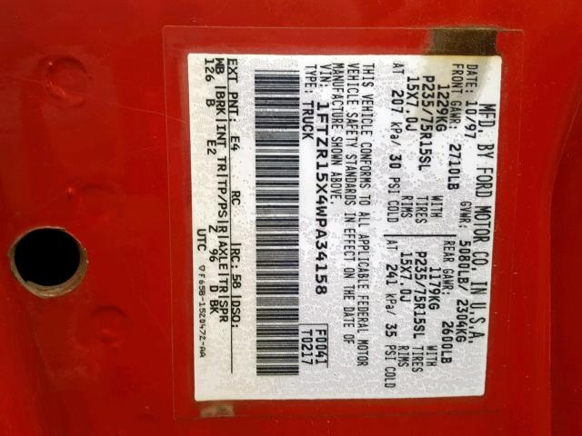 1FTZR15X4WPA34158 - 1998 FORD RANGER SUP RED photo 10