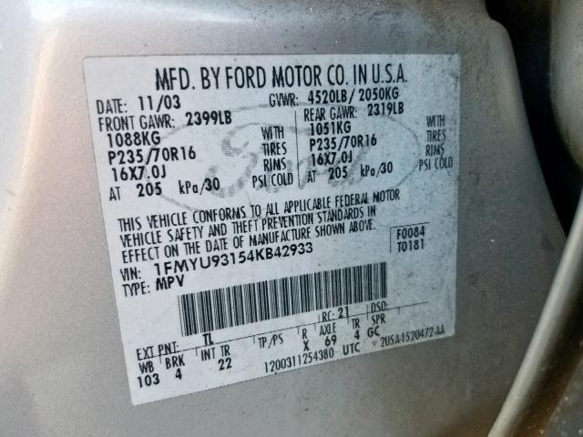 1FMYU93154KB42933 - 2004 FORD ESCAPE XLT SILVER photo 10