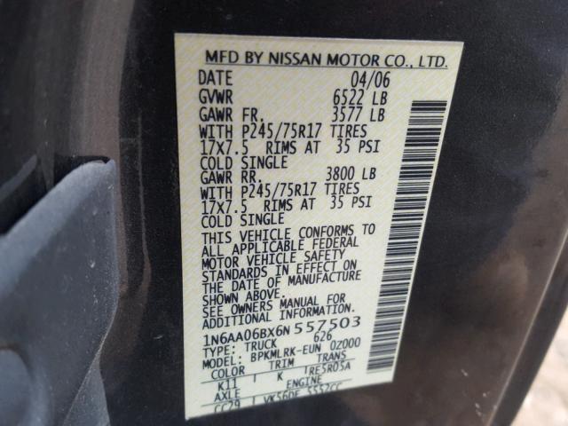 1N6AA06BX6N557503 - 2006 NISSAN TITAN XE GRAY photo 10