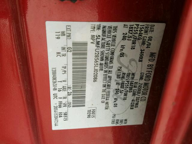 5LMFU28565LJ02086 - 2005 LINCOLN NAVIGATOR 红色 照片 10