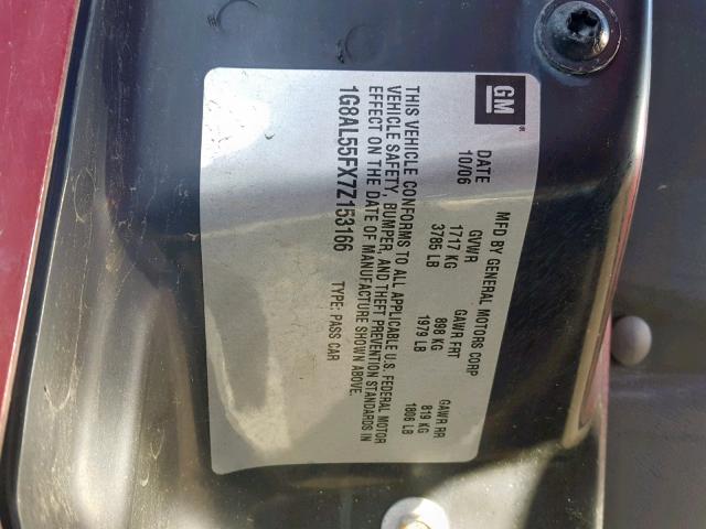 1G8AL55FX7Z153166 - 2007 SATURN ION LEVEL RED photo 10