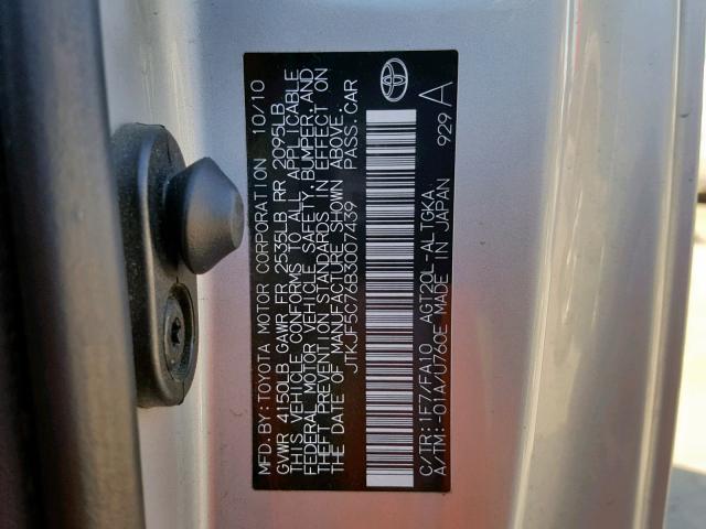 JTKJF5C76B3007439 - 2011 TOYOTA SCION TC ვერცხლისფერი ფოტო 10