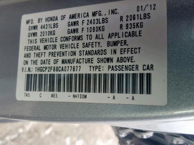 1HGCP2F88CA077877 - 2012 HONDA ACCORD EXL GRAY photo 10