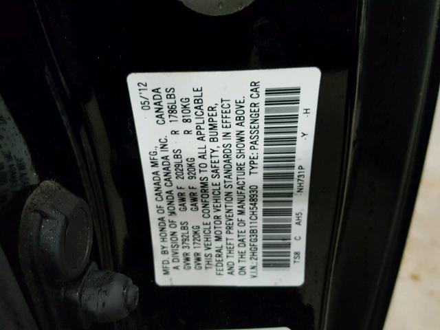 2HGFG3B11CH548930 - 2012 HONDA CIVIC EXL BLACK photo 10