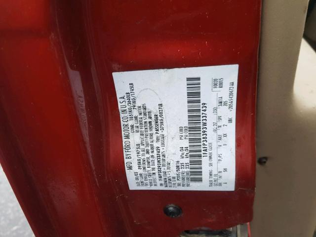 1FAFP38393W337439 - 2003 FORD FOCUS ZTS RED photo 10