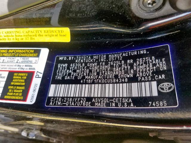 4T1BF1FK0CU584348 - 2012 TOYOTA CAMRY BASE BLACK photo 10