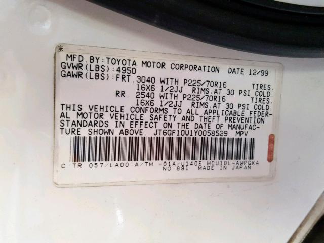 JT6GF10U1Y0058529 - 2000 LEXUS RX 300 WHITE photo 10