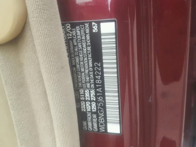 WDBNG75J61A184222 - 2001 MERCEDES-BENZ S 500 MAROON photo 10