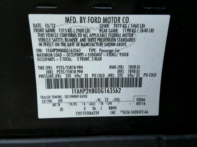 1FAHP2H80DG163562 - 2013 FORD TAURUS SEL BLACK photo 10