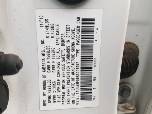 19UUA8F59BA004952 - 2011 ACURA TL WHITE photo 10