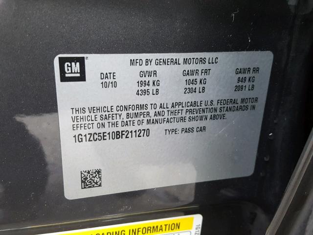 1G1ZC5E10BF211270 - 2011 CHEVROLET MALIBU 1LT GRAY photo 10