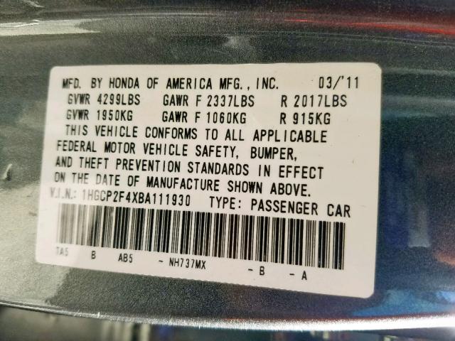 1HGCP2F4XBA111930 - 2011 HONDA ACCORD LXP GRAY photo 10