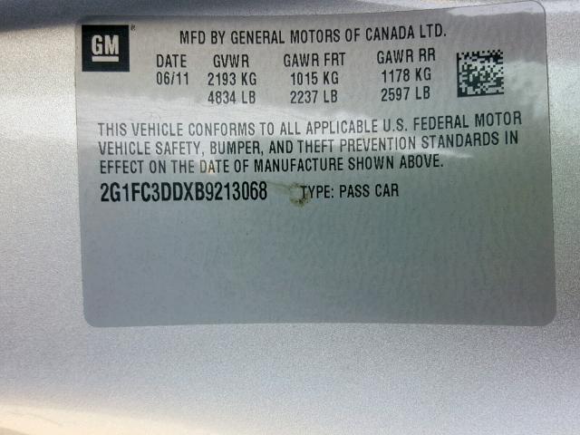 2G1FC3DDXB9213068 - 2011 CHEVROLET CAMARO LT 银色 照片 10