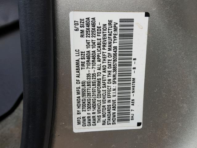 5FNRL38857B096438 - 2007 HONDA ODYSSEY TO SILVER photo 10