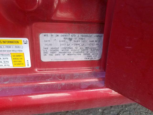 KL1TD56697B037242 - 2007 CHEVROLET AVEO BASE წითელი ფოტო 10