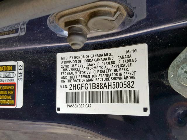 2HGFG1B88AH500582 - 2010 HONDA CIVIC EX BLUE photo 10