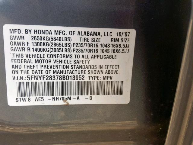 5FNYF28378B013952 - 2008 HONDA PILOT SE GRAY photo 10