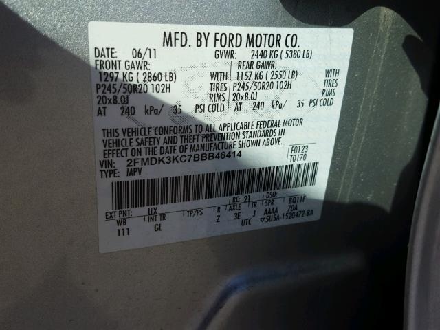 2FMDK3KC7BBB46414 - 2011 FORD EDGE LIMIT SILVER photo 10