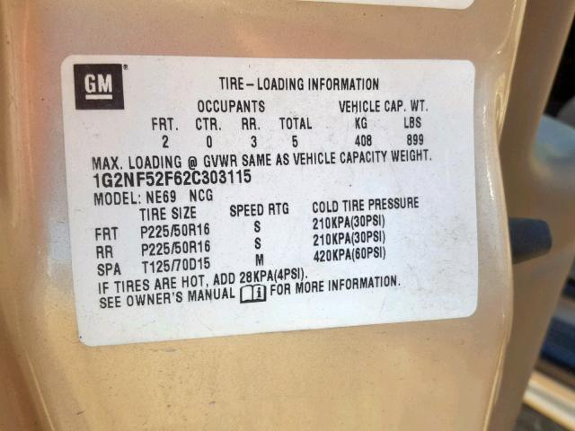 1G2NF52F62C303115 - 2002 PONTIAC GRAND AM S GOLD photo 10