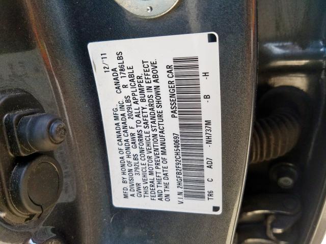2HGFB2F92CH540697 - 2012 HONDA CIVIC EXL 灰色 照片 10