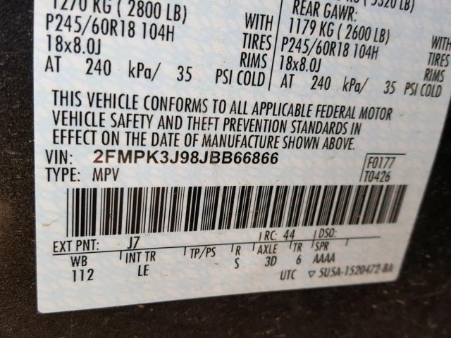 2FMPK3J98JBB66866 - 2018 FORD EDGE SEL GRAY photo 10