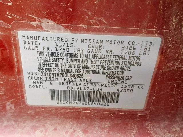 3N1CN7AP6GL840626 - 2016 NISSAN VERSA S RED photo 10