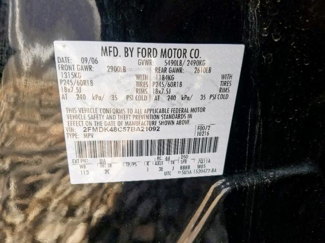 2FMDK48C57BA21092 - 2007 FORD EDGE SEL BLACK photo 10