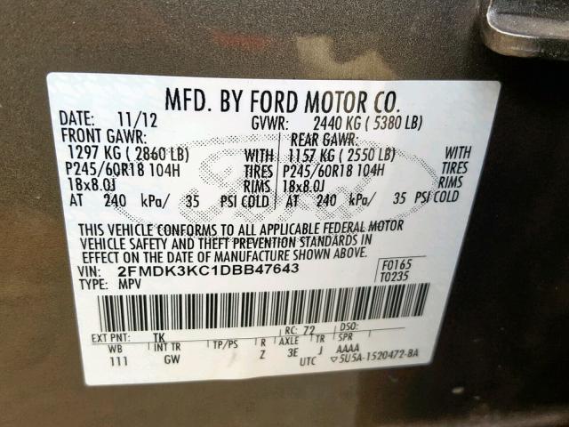 2FMDK3KC1DBB47643 - 2013 FORD EDGE LIMIT GRAY photo 10