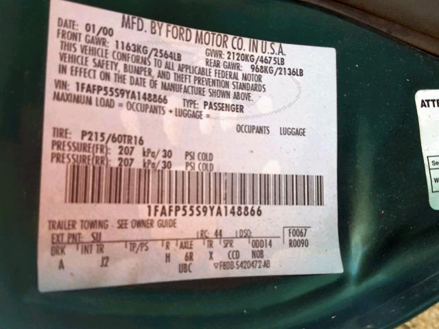 1FAFP55S9YA148866 - 2000 FORD TAURUS SES GREEN photo 10