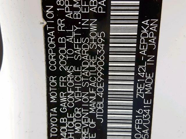 JTDBL40E999063495 - 2009 TOYOTA COROLLA BA 白色 照片 10