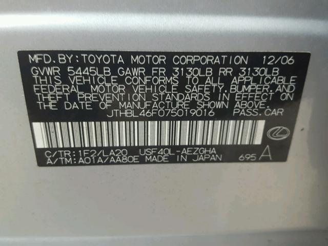 JTHBL46F075019016 - 2007 LEXUS LS 460 SILVER photo 10