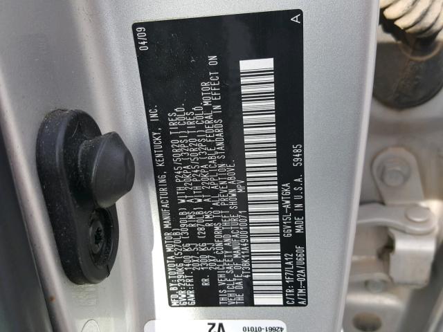 4T3BK11A49U010071 - 2009 TOYOTA VENZA BASE SILVER photo 10