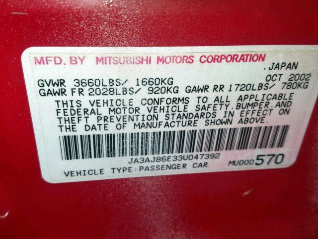 JA3AJ86E33U047392 - 2003 MITSUBISHI LANCER OZ RED photo 10