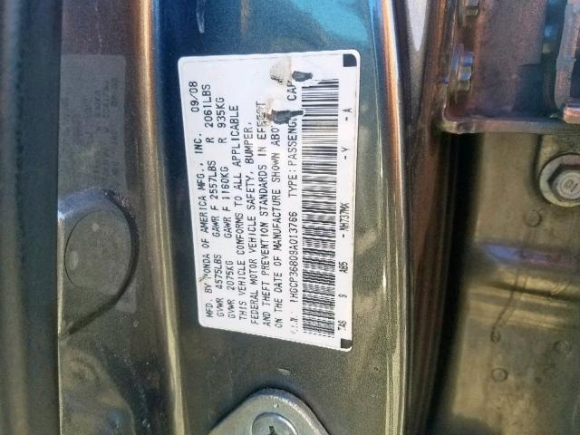 1HGCP36809A013766 - 2009 HONDA ACCORD EXL GRAY photo 10