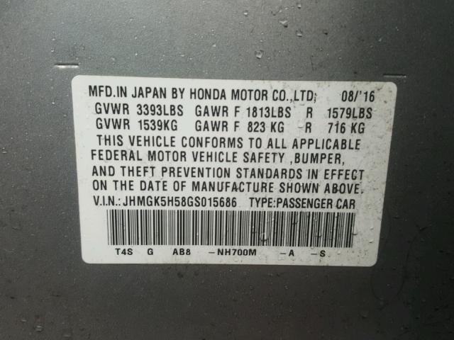 JHMGK5H58GS015686 - 2016 HONDA FIT LX SILVER photo 10