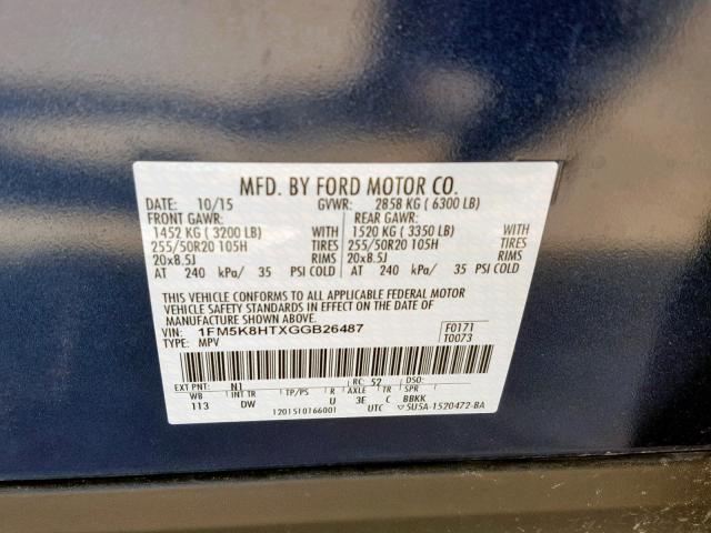 1FM5K8HTXGGB26487 - 2016 FORD EXPLORER P BLUE photo 10